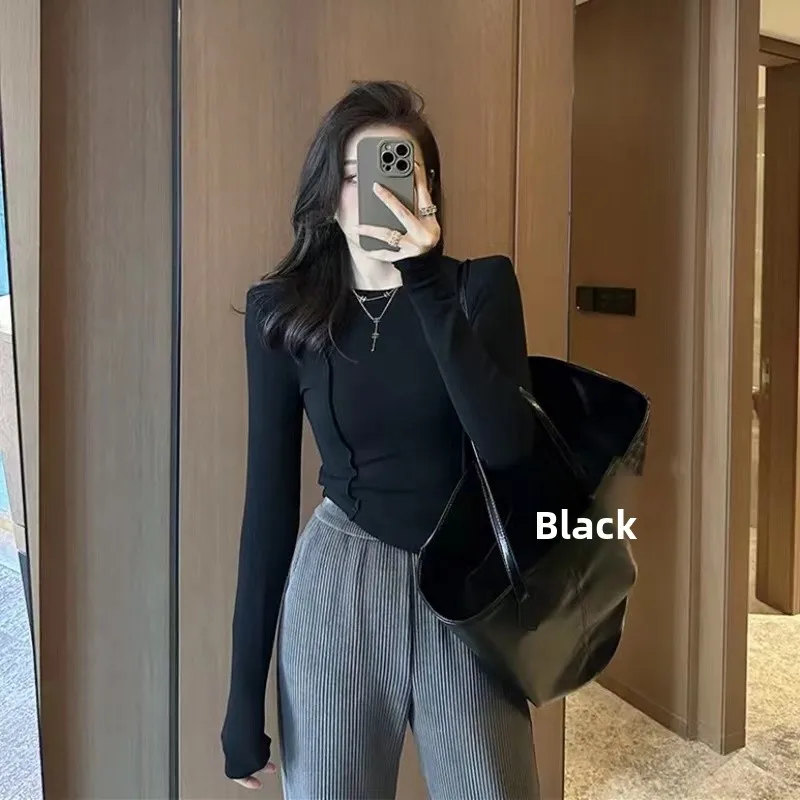 

Korean Style Long Sleeve Fleece Lined Shoulder Padded Women's T-shirt Slim Fit Base Layer Inner Wear Top for Autumn Winter