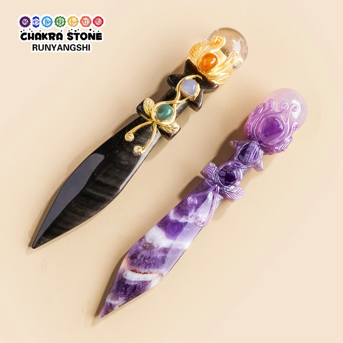 1PC Modelo de Cristal Natural Athame Esculpido à Mão em Obsidiana com Ametista Chevron, Faca de Cristal para Decoração de Altar de Bruxaria