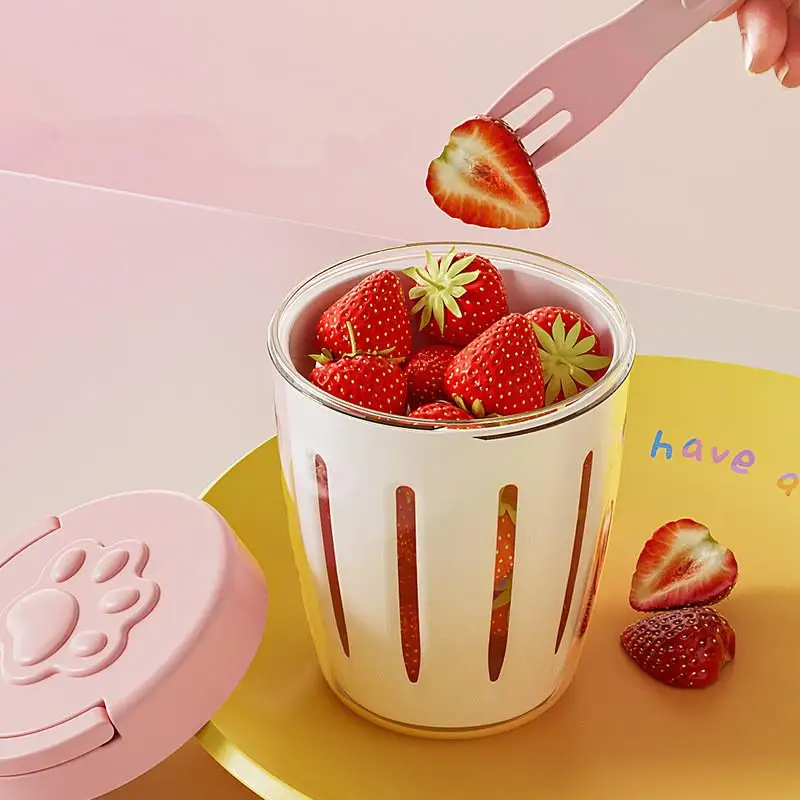 Taza de fruta goteo HUA HUA con tenedor, caja de Picnic portátil sellada a prueba de fugas para cocina, taza de doble capa, taza para aperitivos y ensalada con drenaje