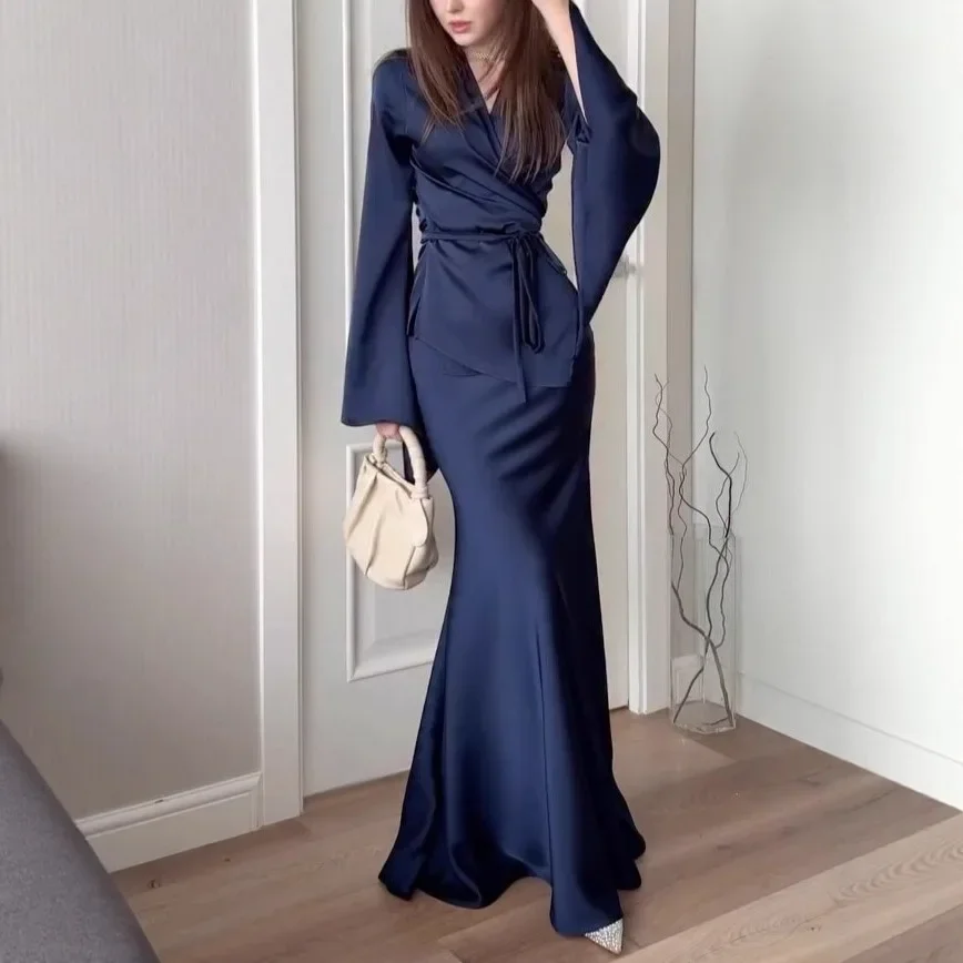 2026 Women's Lace-up Waist Long Sleeve Skinny Elegant Blue Skirt Set