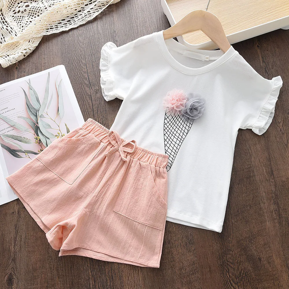 Girls White Cotton T-Shirt & Shorts Set - Ice Cream Print with 3D Tulle Flowers Bow Tie Waist Pink Summer Outfit Girl Clothes