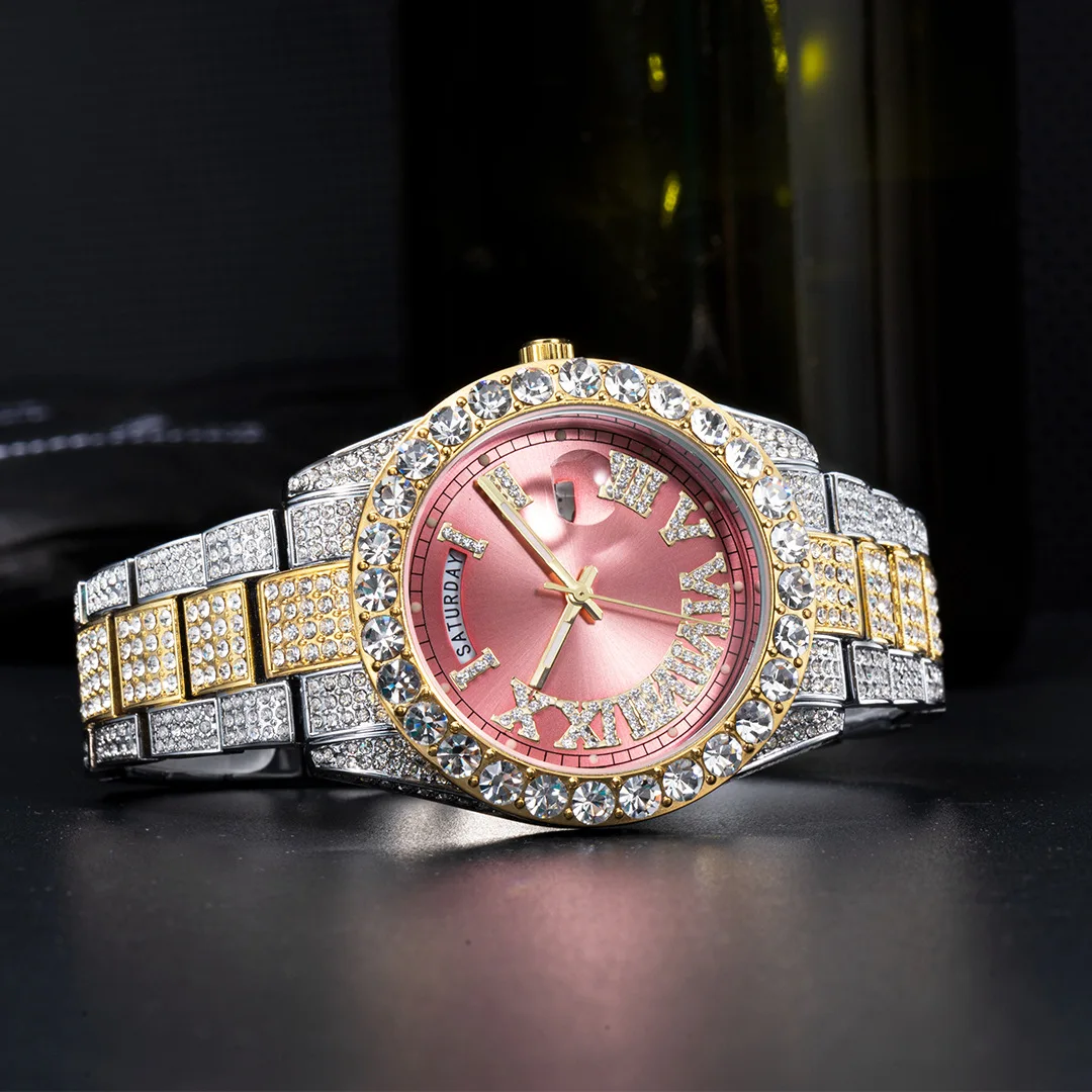 Винтажные наручные часы с цирконом для женщин и мужчин, кварцевые часы, потрясающие ювелирные часы, часы с датой недели, 9-цветные