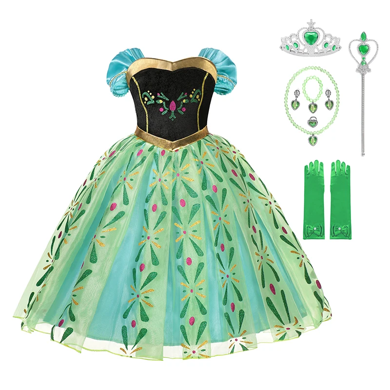 Anna Dresses Children Princess Dress Girl Cosplay Costume Kids Summer Clothes Puff Sleeves Birthday Carnival Robe Party Disguise