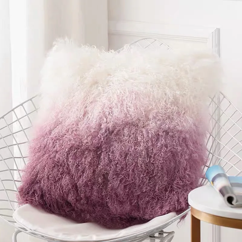 Soft Plush Seat Cushion Cover, Tip Dyed, Real Mongolian Lamb Fur Chair Pillow Cover, 50x50cm, CX-D-57R