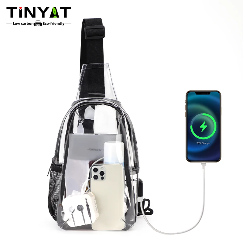 TINYAT Clear PVC Crossbody Bag Woman Slim Shoulder Chest Bag Water Resistant Easy to Check with USB for Sport Music Festival