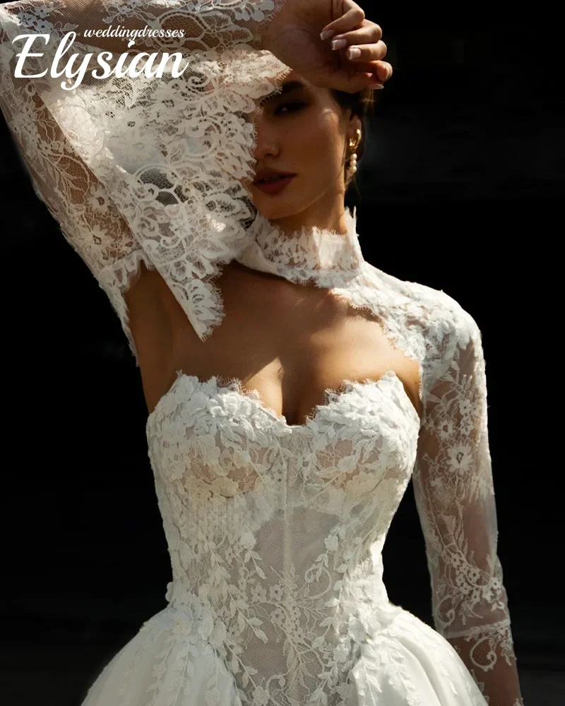 Abiti da sposa da sposa a trapezio in tulle di pizzo con scialle a maniche lunghe staccabile personalizzato Vestido De Novia