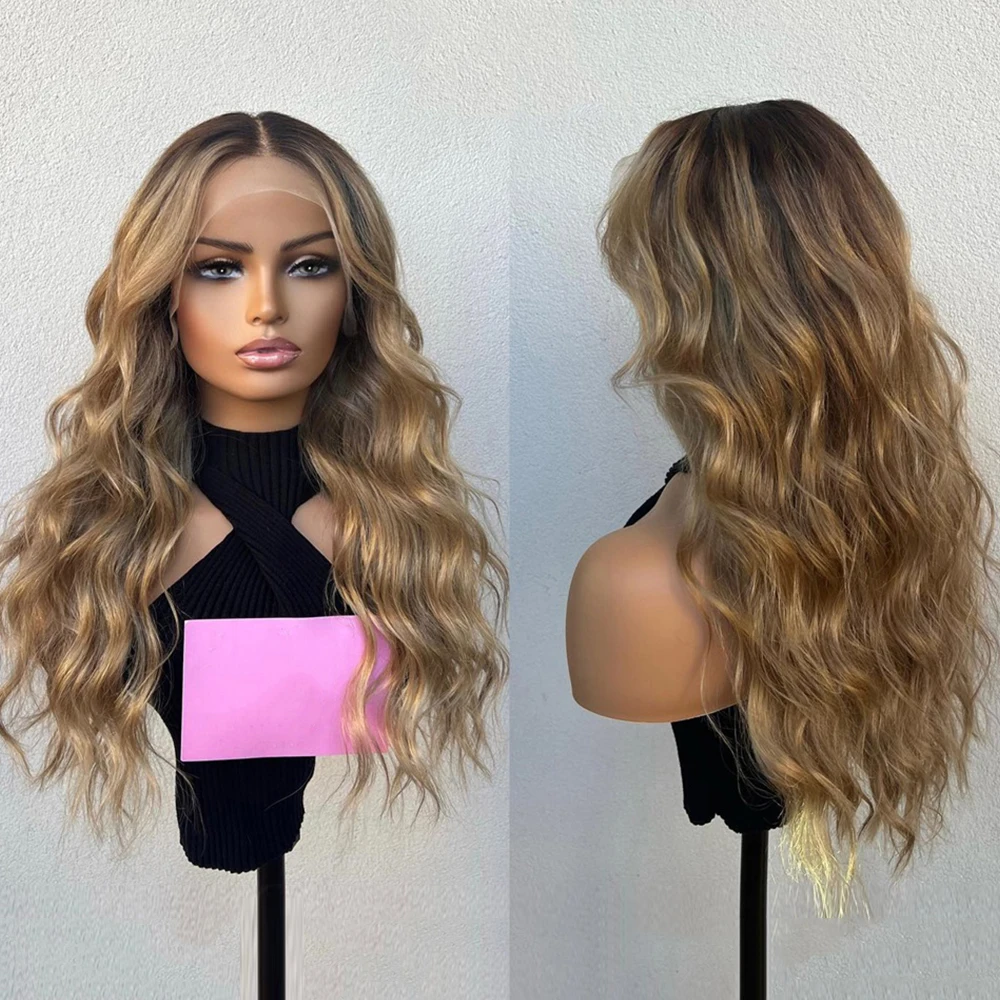 Soft Gold Blonde Highlights Dark Brown Roots 13x6 Lace Frontal Wig HD 100% Human Hair Full Lace Wigs Thick Loose Wave Wig 180%