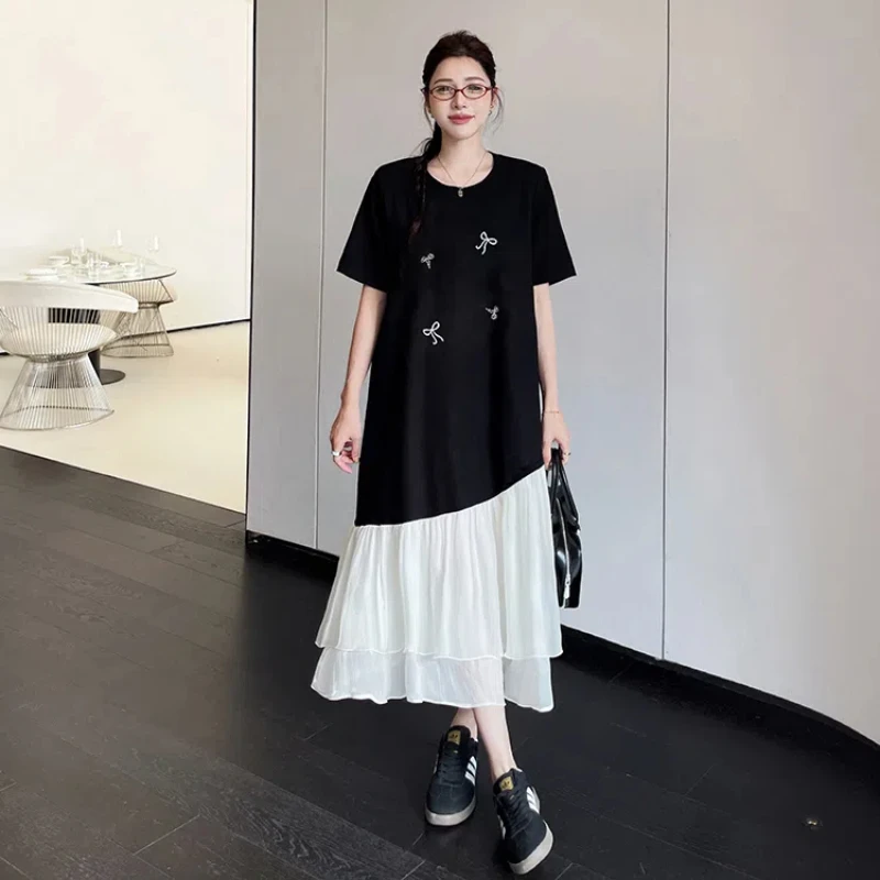 Summer Dresses for 2025 Loose Asymmetrical Patchwork Mesh Lady Vestidos Heavy Diamond Black T-Shirt Dress Female Robe KE6671