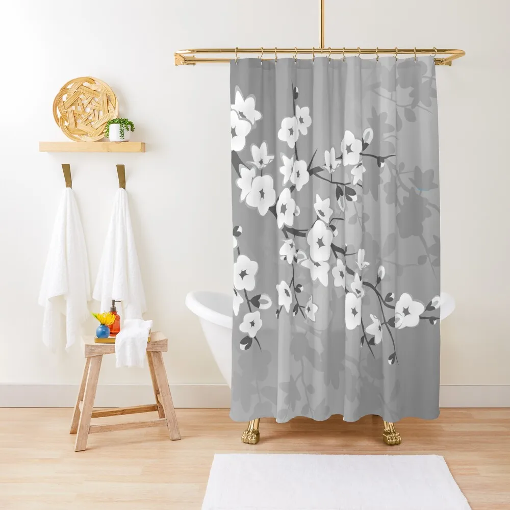 

Floral Cherry Blossom Elegant Gray Shower Curtain For Bathroom Shower Shower Waterproof Curtain