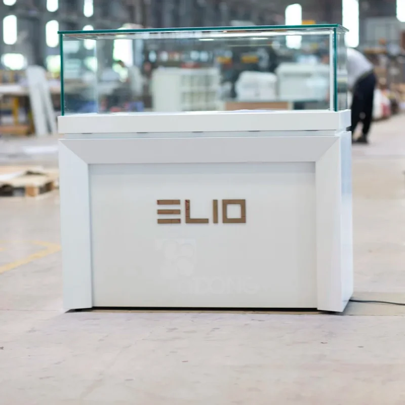 custom.White Rectangular Retail Display Showcase with Glass Top and Solid Back Metal Durable Design Store Use