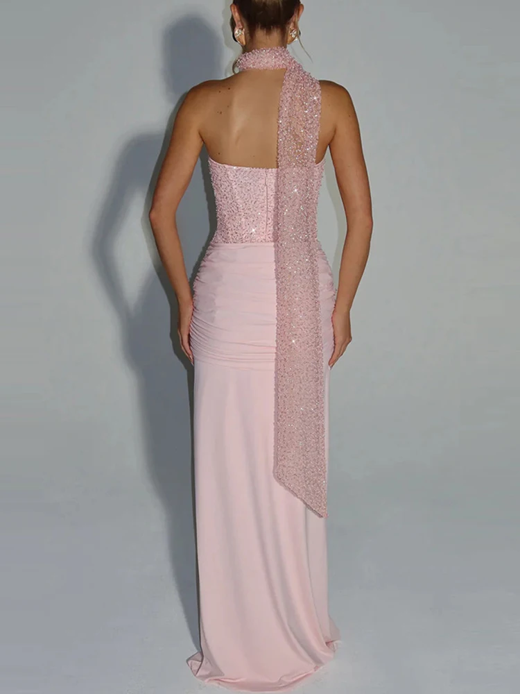 女性のセクシーなストラップレスノースリーブイブニングドレスファッションウエストスリムソリッドウェディングドレスエレガントなスパンコールスプライシングプリーツロングドレス