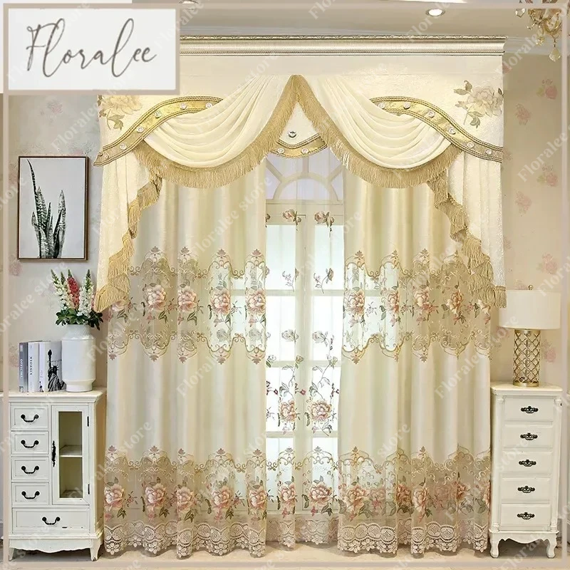 

European Style Curtains For Living Dining Room Bedroom Luxury Hollow Out Flowers Embroidery Beige Window Curtain Decor Custom