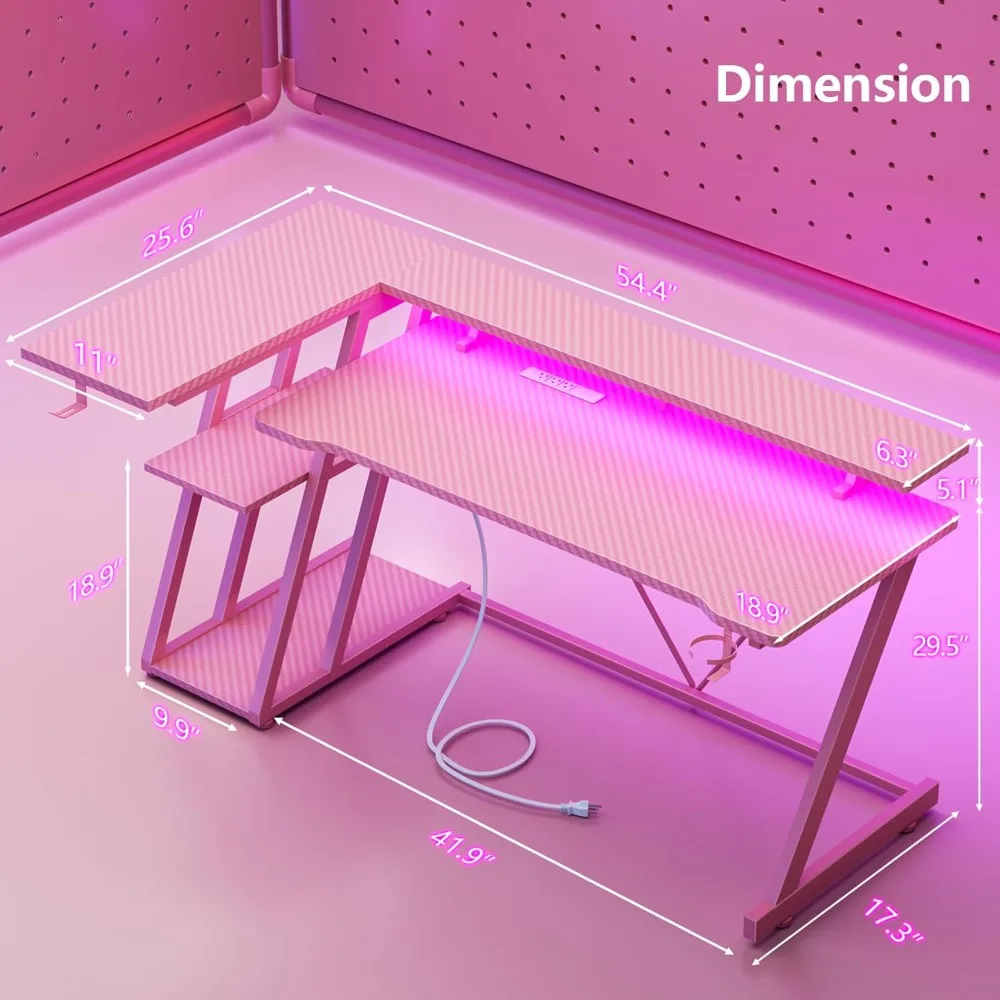 L-Shaped Pink Gaming Desk with 55 Inch LED-lit Corner Computer Desk and 3-Tier Storage Shelves