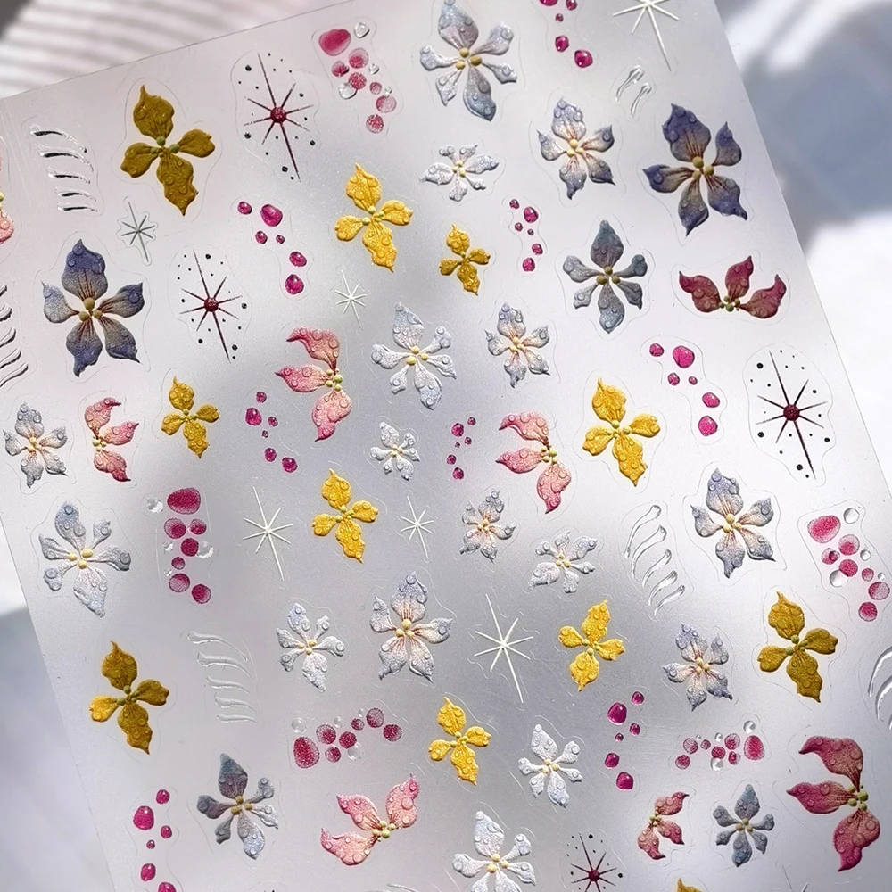 Adesivo floreale colorato per nail art Motivi da giardino estivo Petali di fiori succosi Motivi botanici dimensionali Decalcomania adesiva per manicure