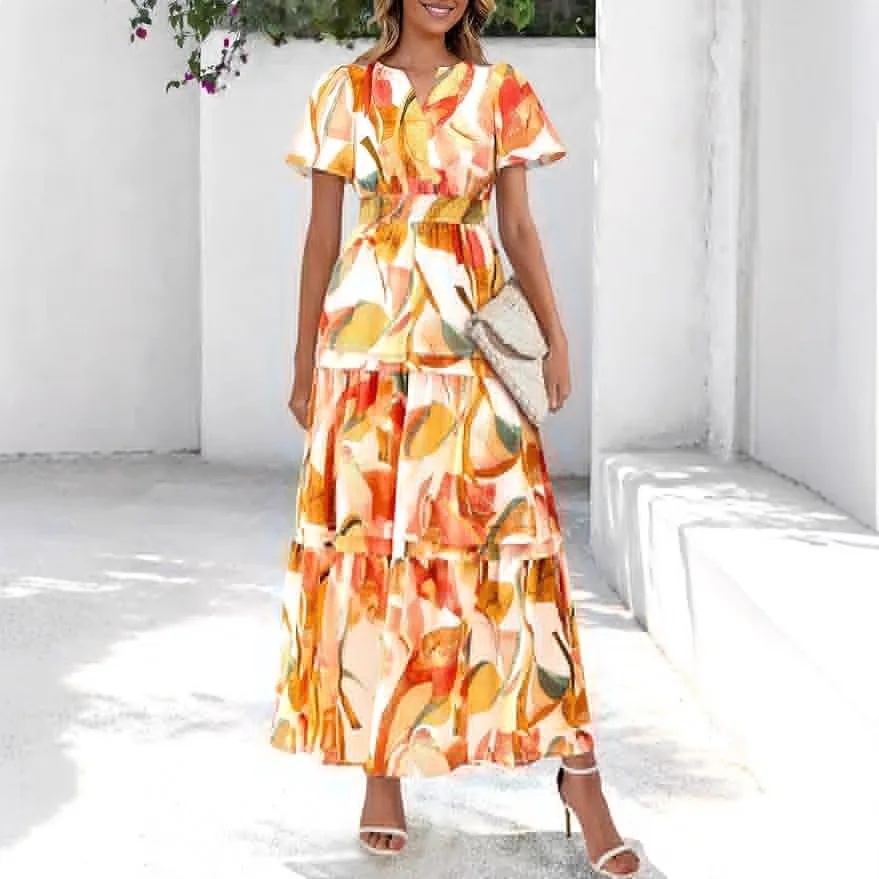 Sexy V Neck Short Sleeve Floral Print Boho Party Dress Summer Women Beachwear Sand Vestidos Elegant Vintage Dresses Robes 2025