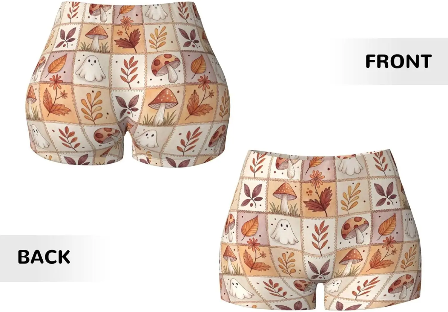 Pantaloncini da allenamento con stampa a vita alta da donna con funghi fantasma e foglie cadenti Pantaloncini da yoga elasticizzati per sport, atletici, corsa