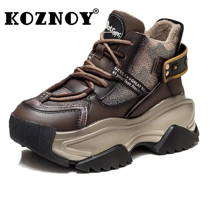 

Koznoy 7cm Ankle Boots Genuine Leather Platform Autumn Winter Mid Calf Mixed Color Women Ethnic Fashion Lady Chunky Heels Shoes