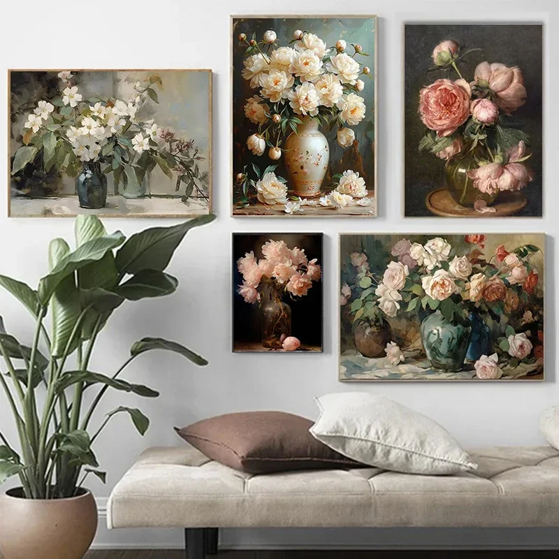 1pc frameless canvas painting Vintage Bouquet Pink Roses Nordic Flowers Still Life Oil Painting Printed Poster Canvas Paintings