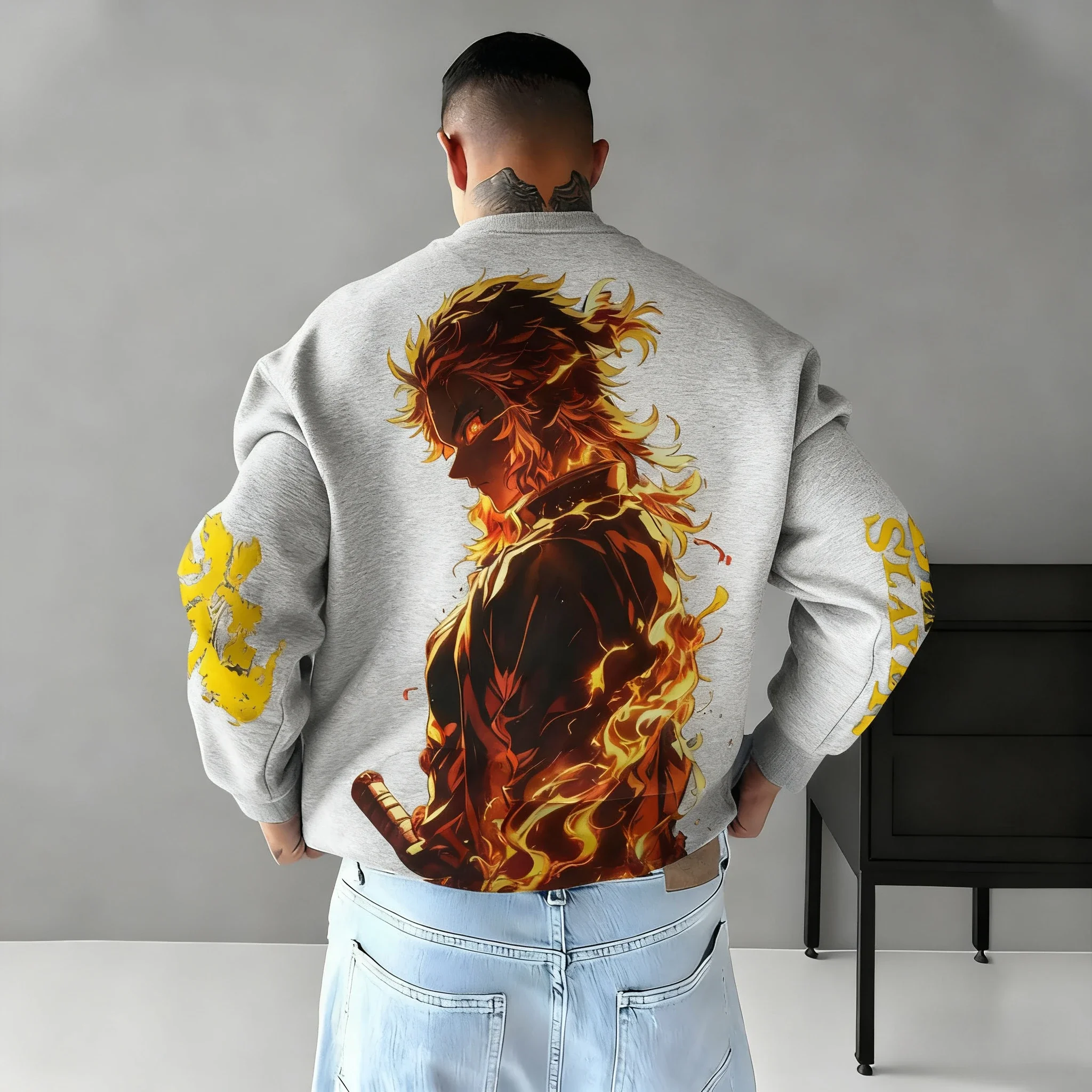 Sweat à capuche sans tête imprimé Demon Slayer Anime Rengoku Kyoujurou, automne/hiver 2026, pull ample à col rond pour hommes, Harajuku quotidien