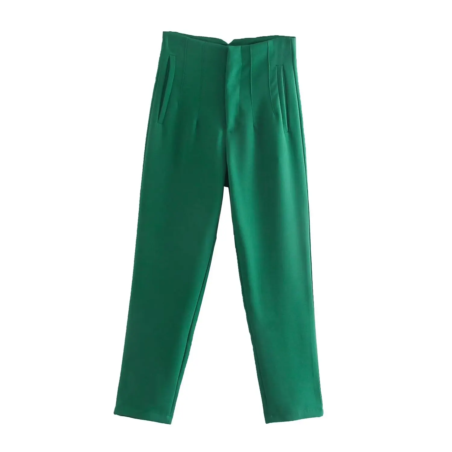 Straight Leg Pants High Waist Full Length Vintage Trousers for Women - Mid Green