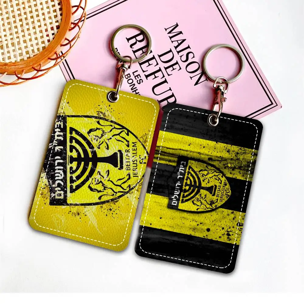 B-Beitar J-Jerusalem F-FC  Rectangle ID Card Case Keychain Access Card Bag Key Tag Ring Leather Card Holder Key Ring Access