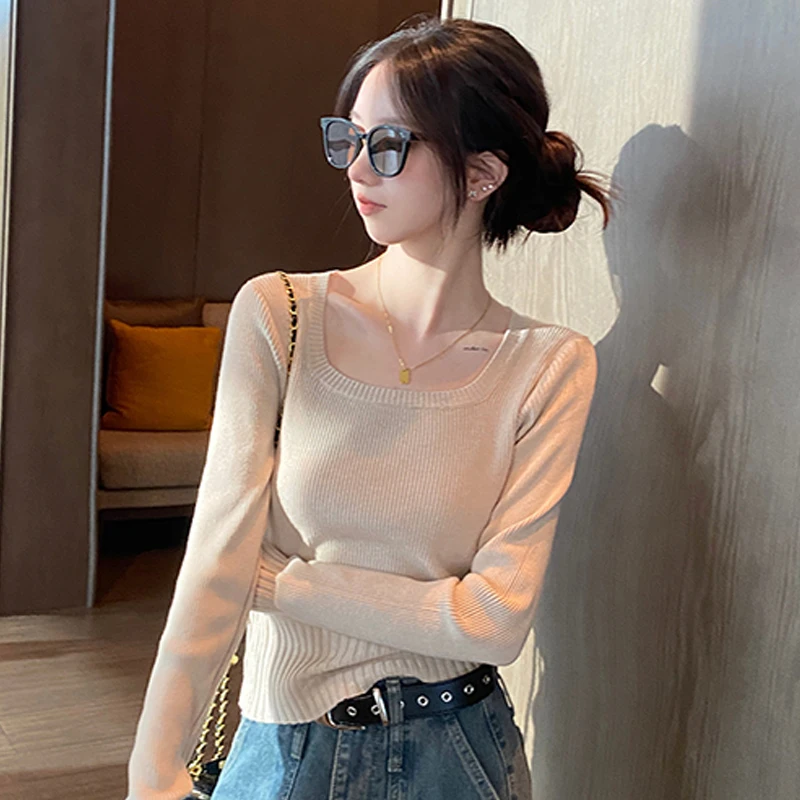 Autumn Winter Korean Solid Color Square Neck Long Sleeve Slim Knitted Sweater For Women