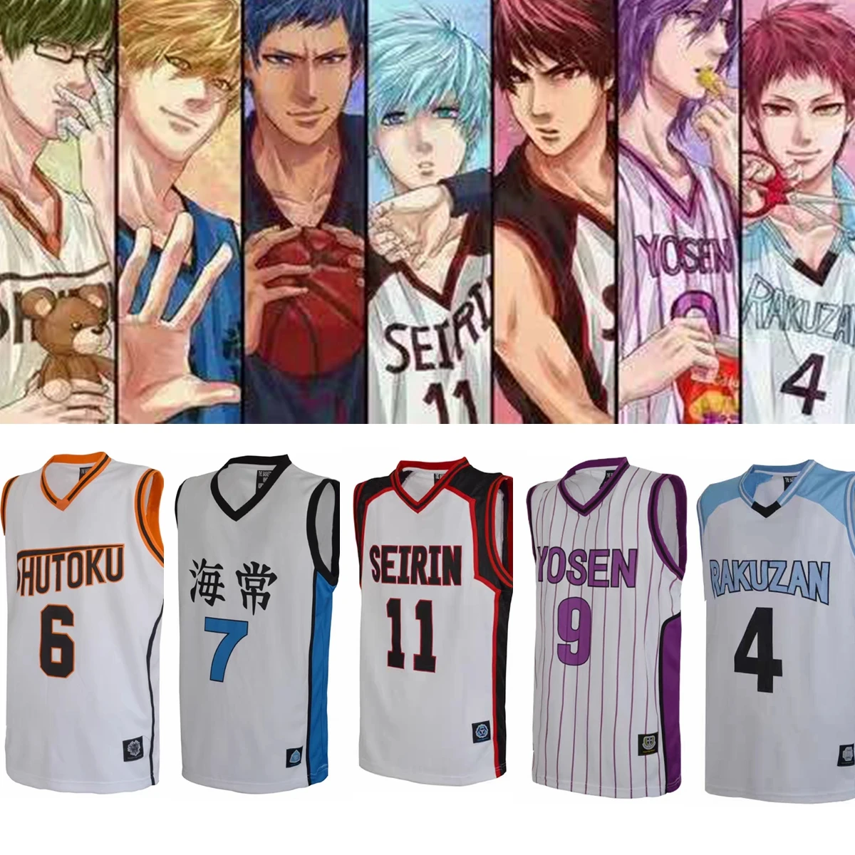 

Kuroko no Basuke Jersey: Kagami (Seirin #10), Kise (Kaijo #7), Aomine (Touou #5),Murasakibara (Yosen #9) Anime Cosplay Sportwear