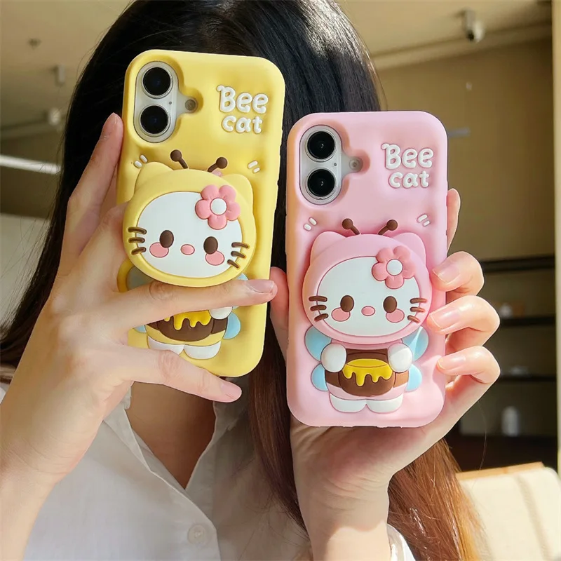 

3D Cartoon Bee Hello Kitty Phone Case For iPhone 16 15 14 13 12 11 Pro Max Y2K Face Grip Tok Holder Anti Fall Soft Silicon Cover