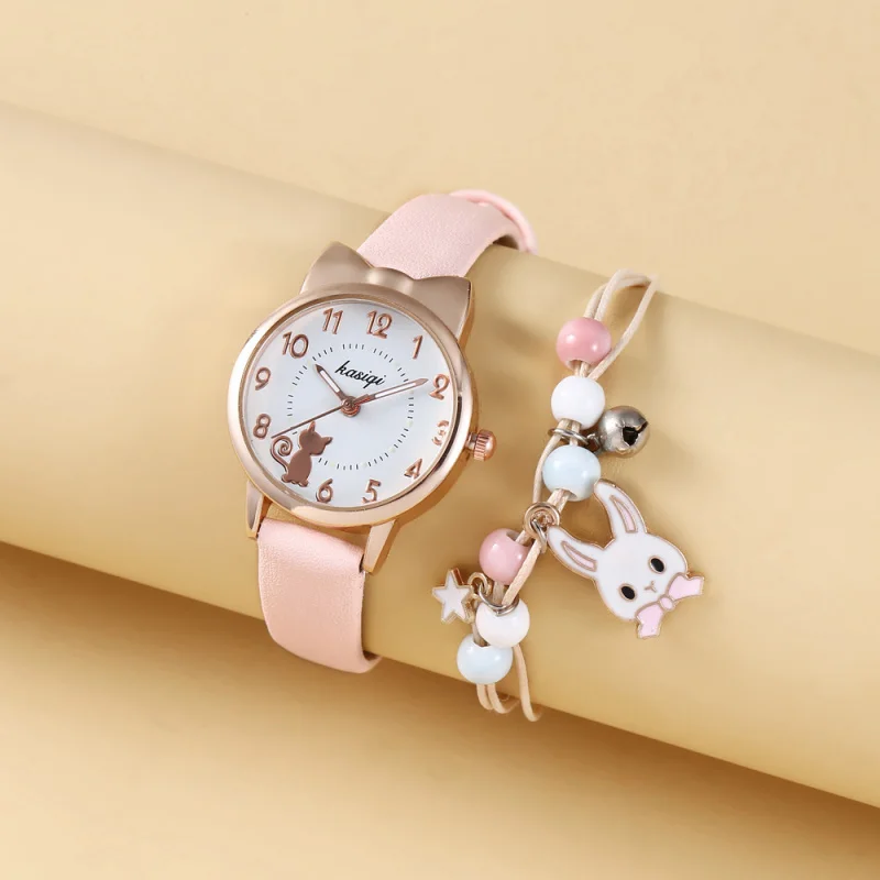 2pcs/setChildren's Student Style Girl Heart Animal Dial Belt Quartz Watch+Rabbit Bracelet