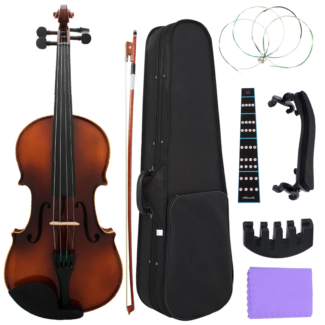 1/2 Violin Maple Wood Beginner Violin with Violin Shoulder Rest Box Strings Cleaning Cloth Handle Sticker Loudspeaker Parts Set