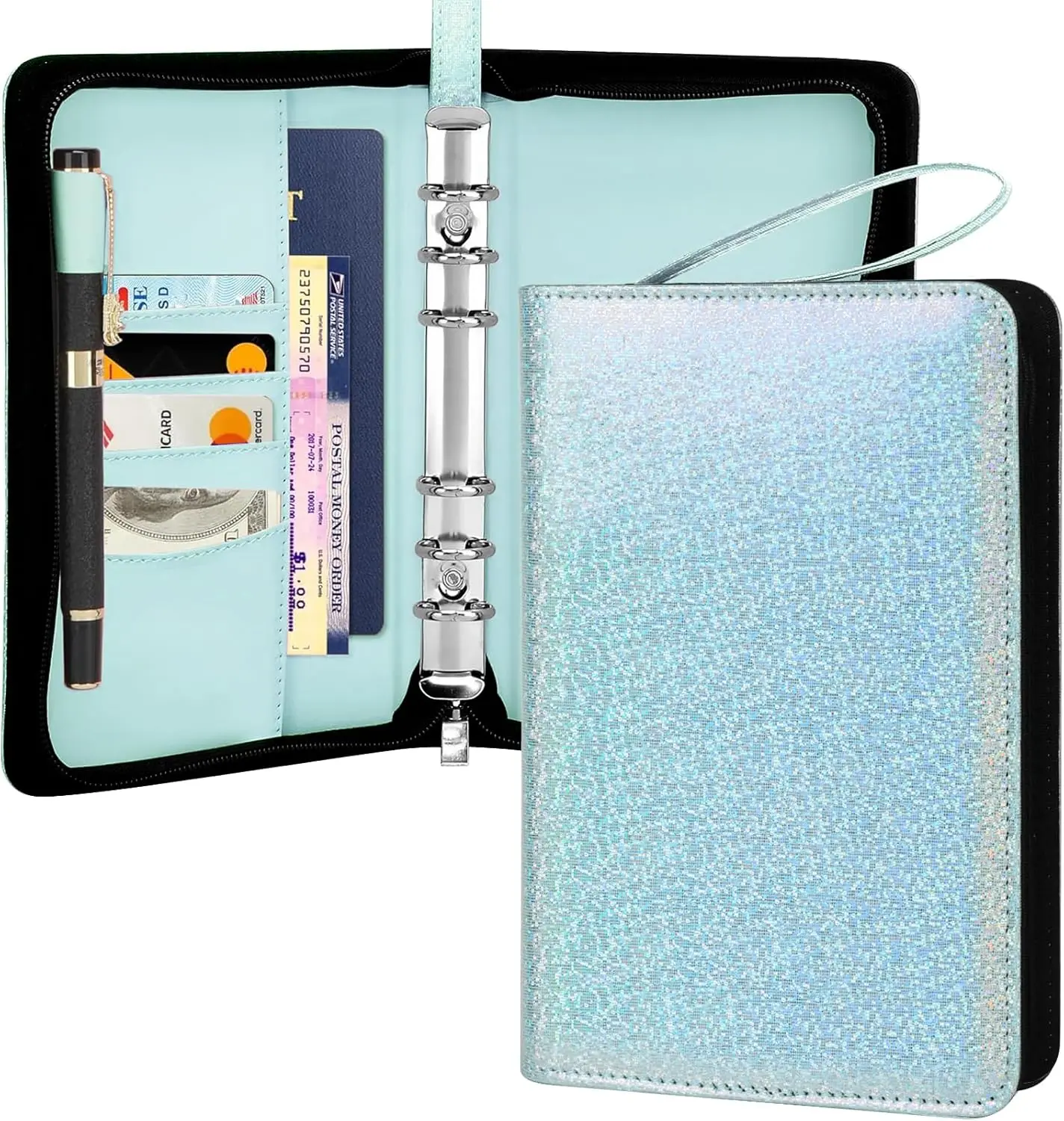 حافظة ميزانية A6 مع سحاب، غطاء مخطط قابل لإعادة الملء مكون من 6 حلقات لنظام الميزانية النقدية مقاس A6، منظم شخصي من جلد البولي يوريثان #2