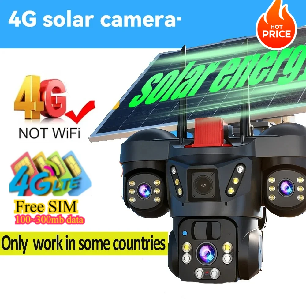 8K 15MP Draadloze WiFi Solar Camera Drie Lens Drie Scherm 4G Sim-kaart Solar Cam Menselijke detectie Outdoor Solar Surveillance V380 Zonne-energie Bewakingscamera Buiten, Solar CCTV Camera met
