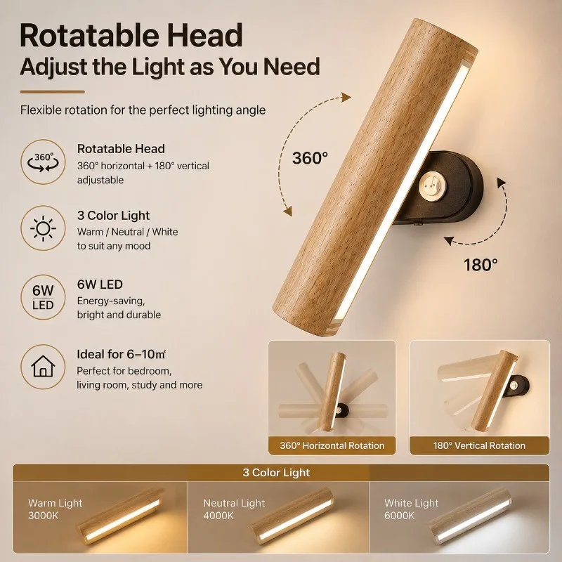 

Nordic Bedroom Bedside Rotating Wall Lamp Modern Solid Wood Study Living Room Background Wall LED Wood Wall Lamp