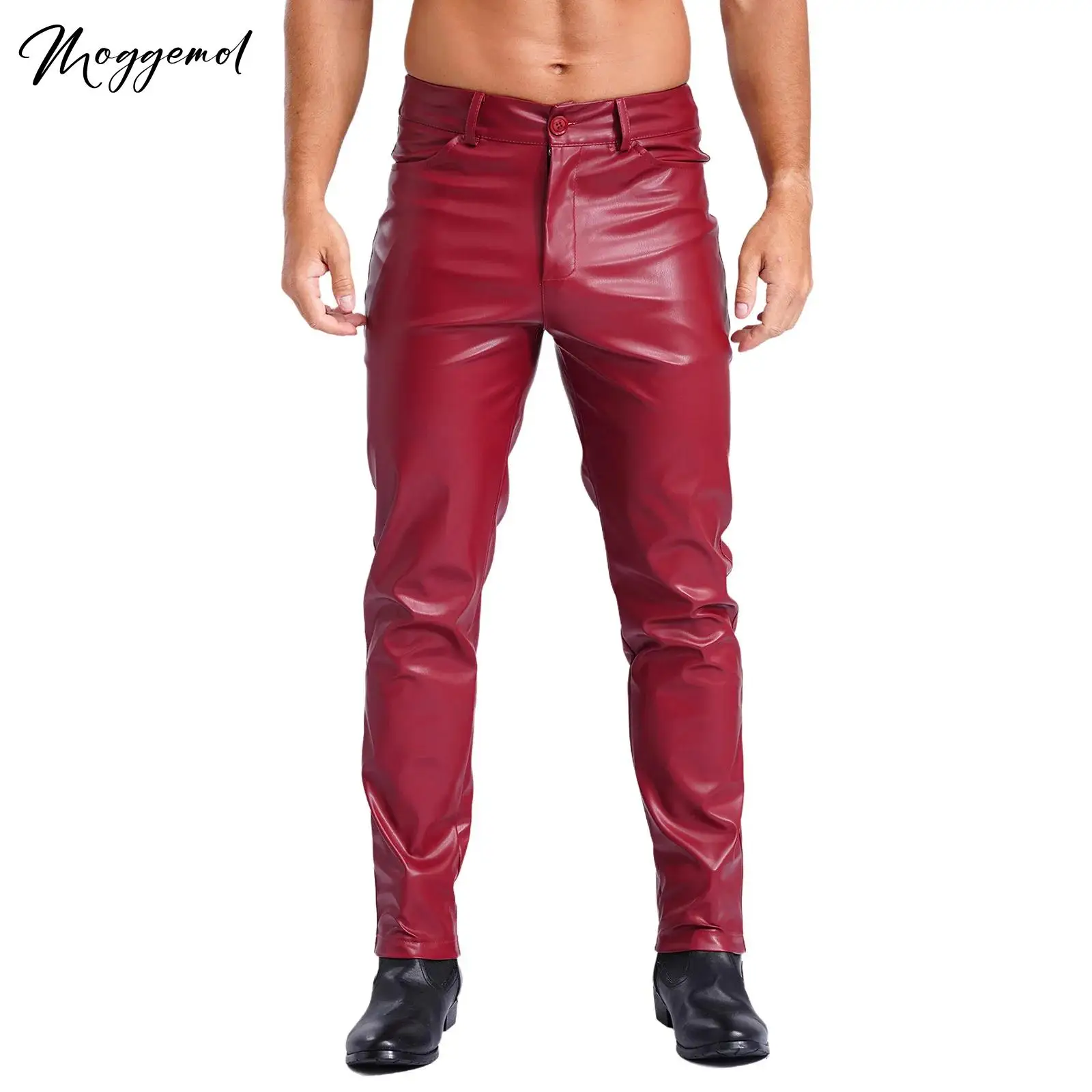 Mens Wet Look Faux Leather Pants Pockets Straight Leg Trousers Steampunk Gothic Tights Leggings Costume for Club Music Party