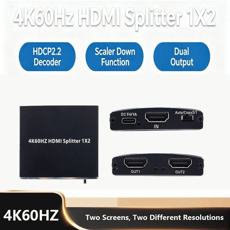 4K60Hz 1 In 2 Out HDMI Splitter HDCP2.2 Decoder Independent Scaler Down HDMI2.0 HDR 3D Metal Housing For Game Console TV
