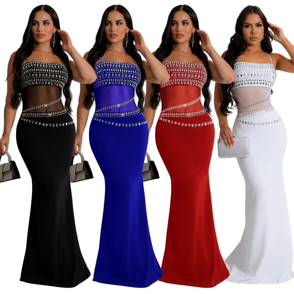 

EINY Y2k Women Set Diamonds Hot Rhinestones Strapless Top + Long Skirt Suit Dress Sets Two 2 Piece Set Party Club Night Outfits