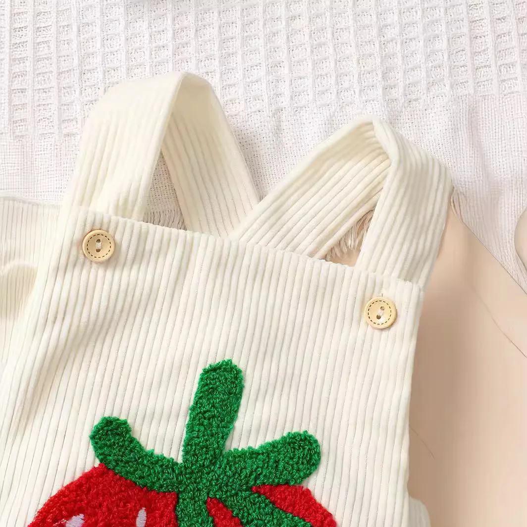 Cute and Cozy Towel Embroidered Strawberry Corduroy Camisole for Babies and Girls