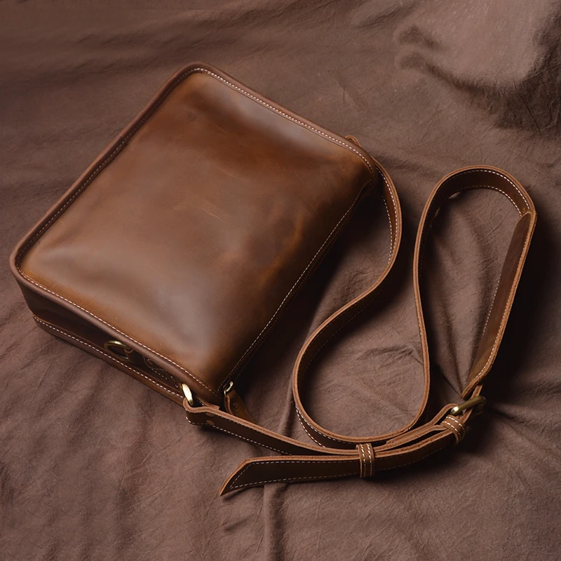 

Retro First Layer Cowhide Men's Small Square Bag Handmade Crazy Horse Leather Casual Simple Shoulder Genuine Messenger