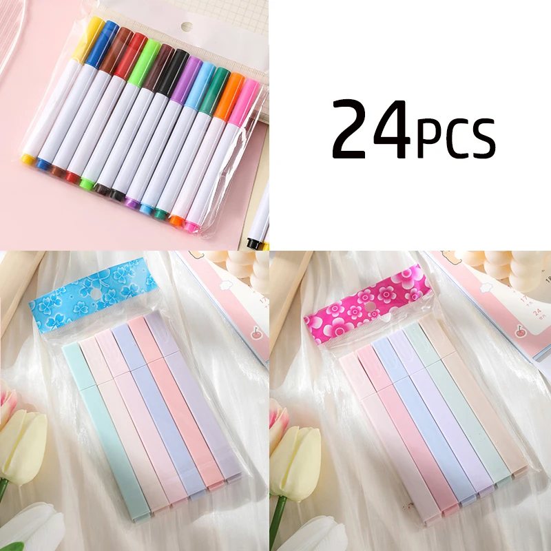 24pcs Pens Morandi Color Fluorescent Pen Soft Head Marker Pen Eye Protection Color Marker Pen Student Fluorescent Pen