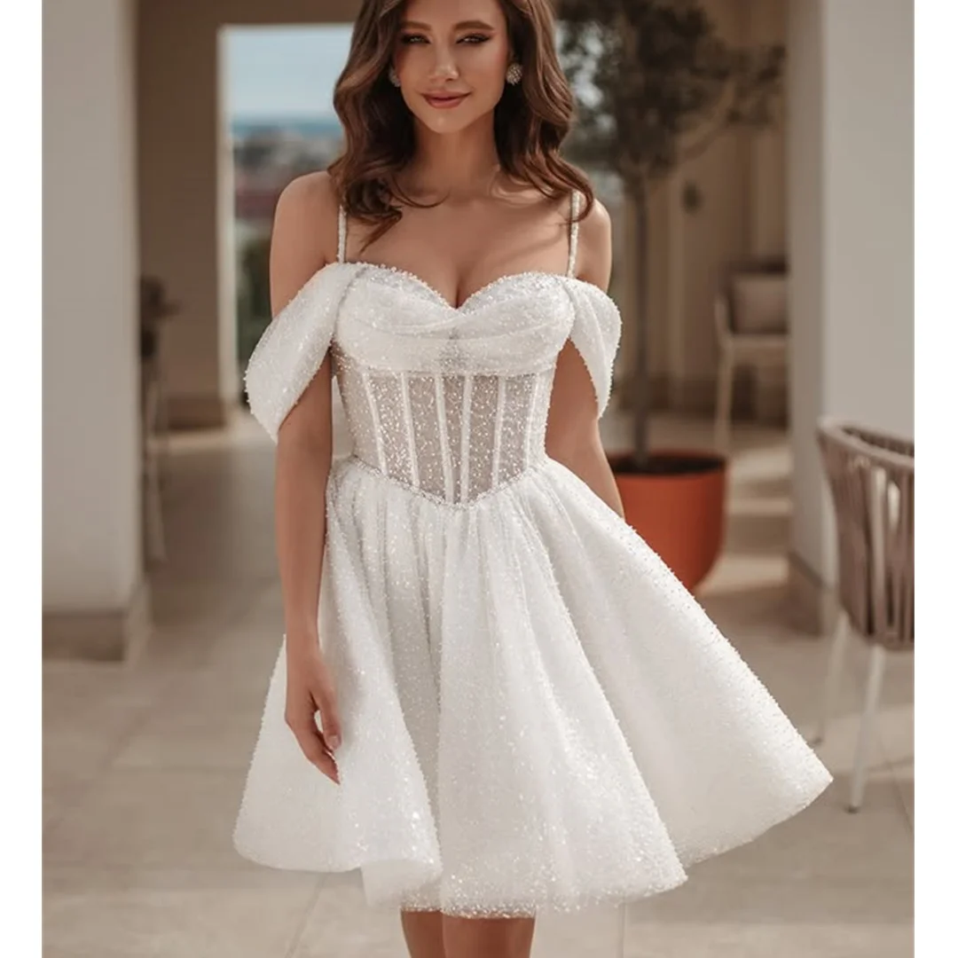 

Sparkly Spaghetti Straps Mini Wedding Dresses Beading Sequins Pleats Off the Shoulder A-line Prom Dress Wedding Dance Gowns
