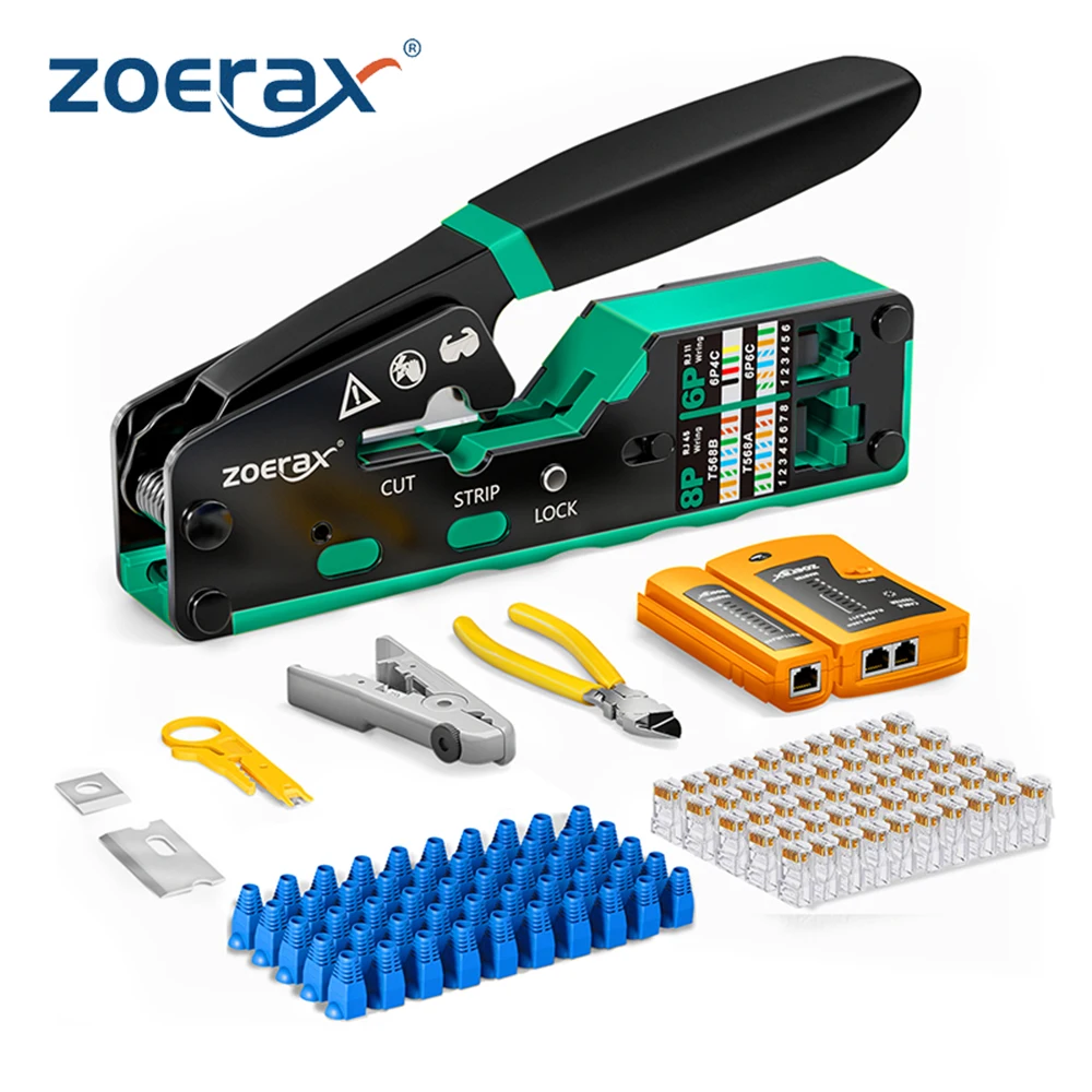 ZoeRax 8 w 1 zestaw narzędzi do zaciskania RJ45, narzędzie do zaciskania, tester kabli, przecinak do przewodów, ostrza, 50 szt. złączy Cat 6 i osłony odciążające
