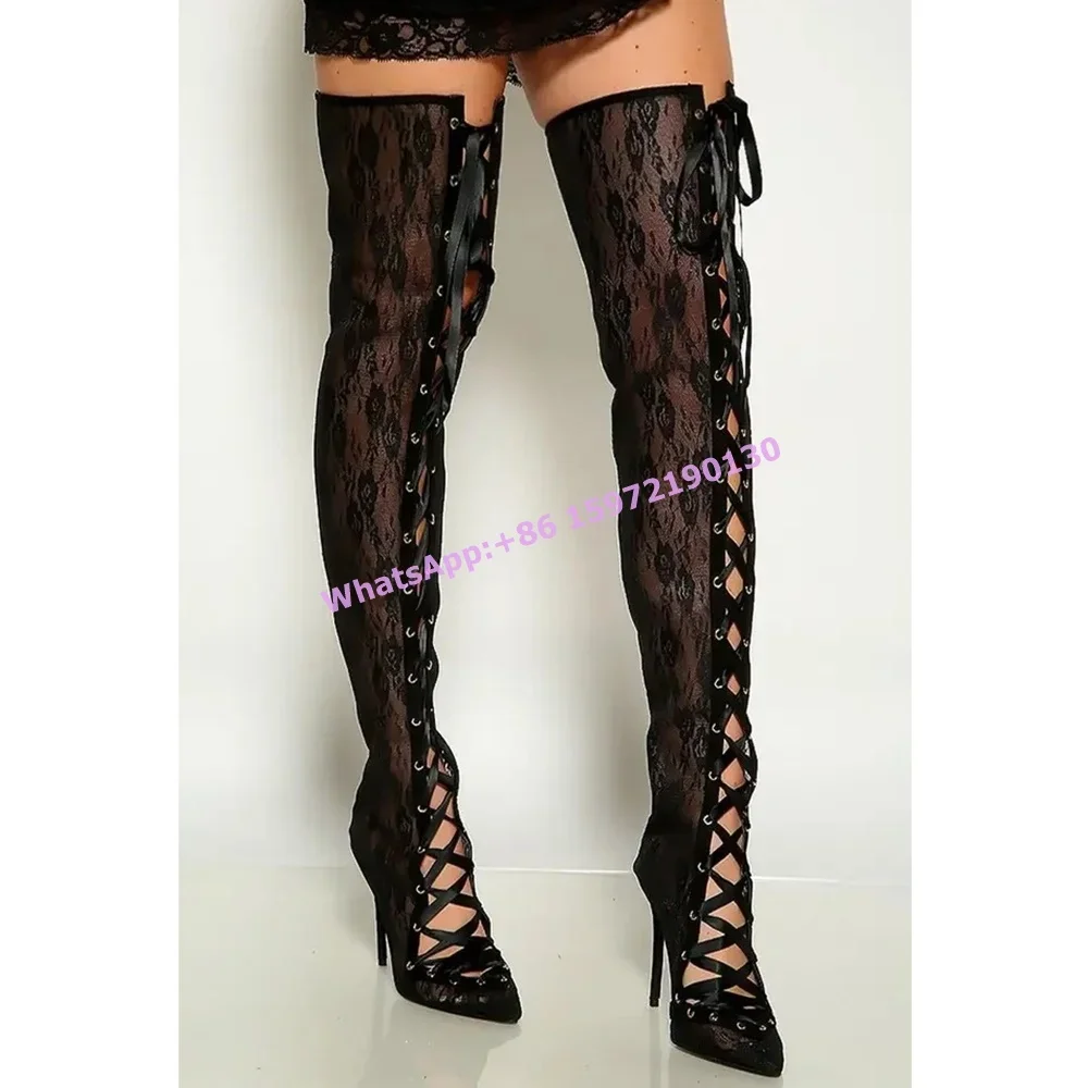 Black Hollow Lace Boots Cross Tied Sir Mesh Pointy Toe Thin Heels Long Thigh High Boots Women's Summer Runway Sexy Elegant Shoes