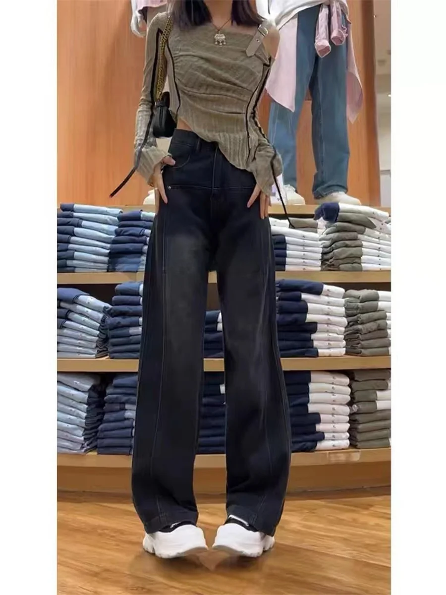 

Джинсы женские прямые с высокой талией, больших размеров, из денима, свободного кроя, удлиняющие, для весны и осени...