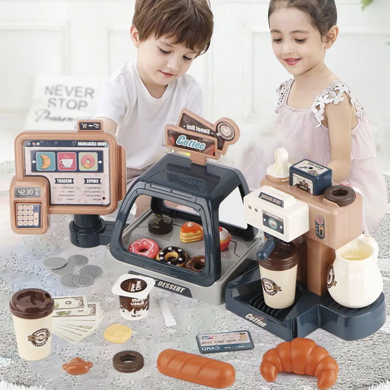 Set Simulation Food Bread Coffee Cake Pretend Play Shopping Cash Register Toys For Kids Children Kitchen Toys Coffee Machine Toy