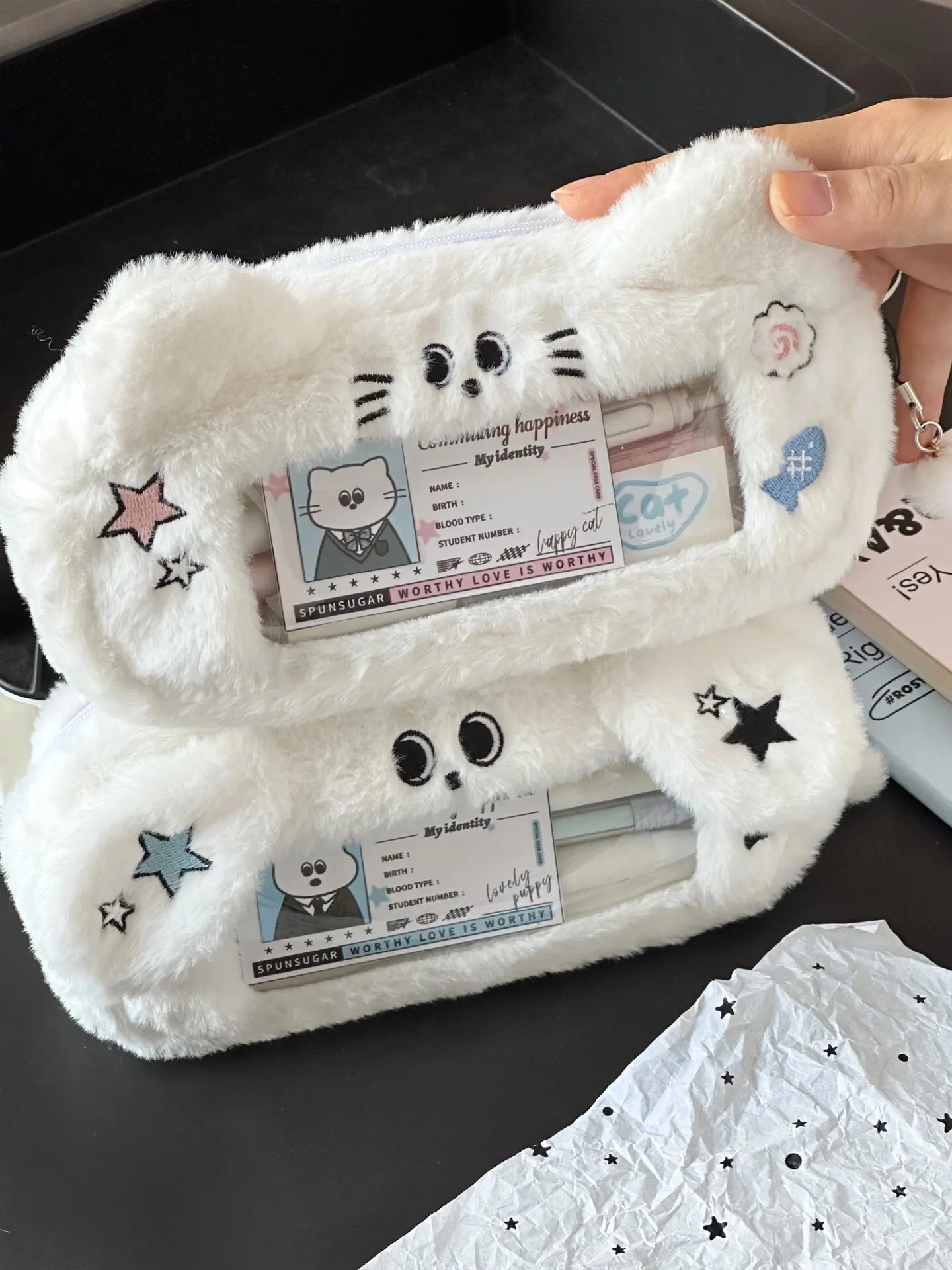 Imagem -04 - Minkys Kawaii Branco Gato Lápis Case Pen Bolsa de Armazenamento Bonito Punch Punch Bolsa Papelaria Presente Kids Papelaria Branca