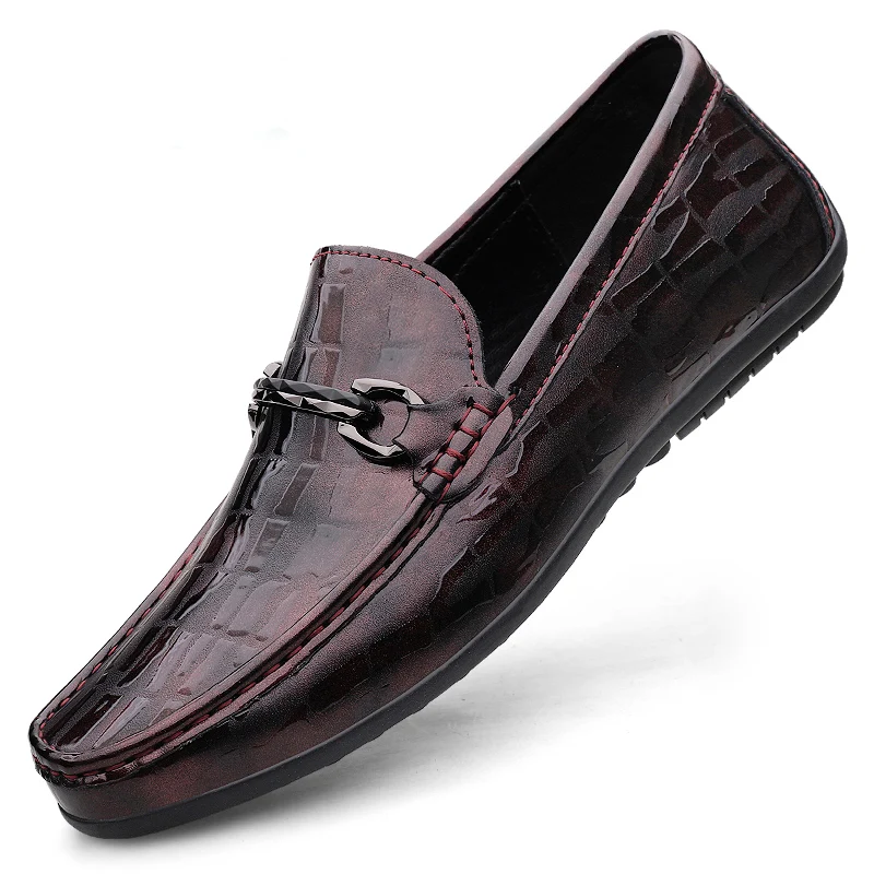 

Men's Patent Leather Loafers, Crocodile Embossed Slip-On Casual Dress Shoes with Metal Buckle, Fashion Driving Moccasins