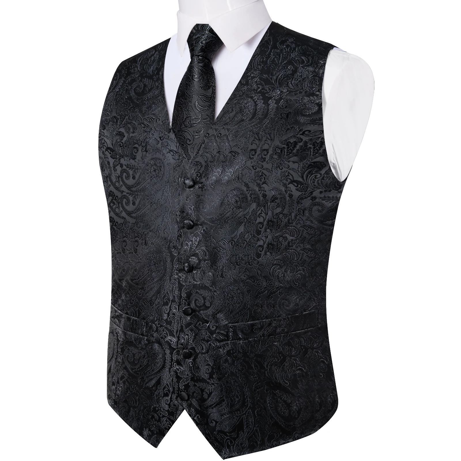 Suit Vest for Men Black Solid Paisley Wedding Prom Groom Jacquard Silk Waistcoat with Necktie for Tuxedo Men Clothing DiBanGu