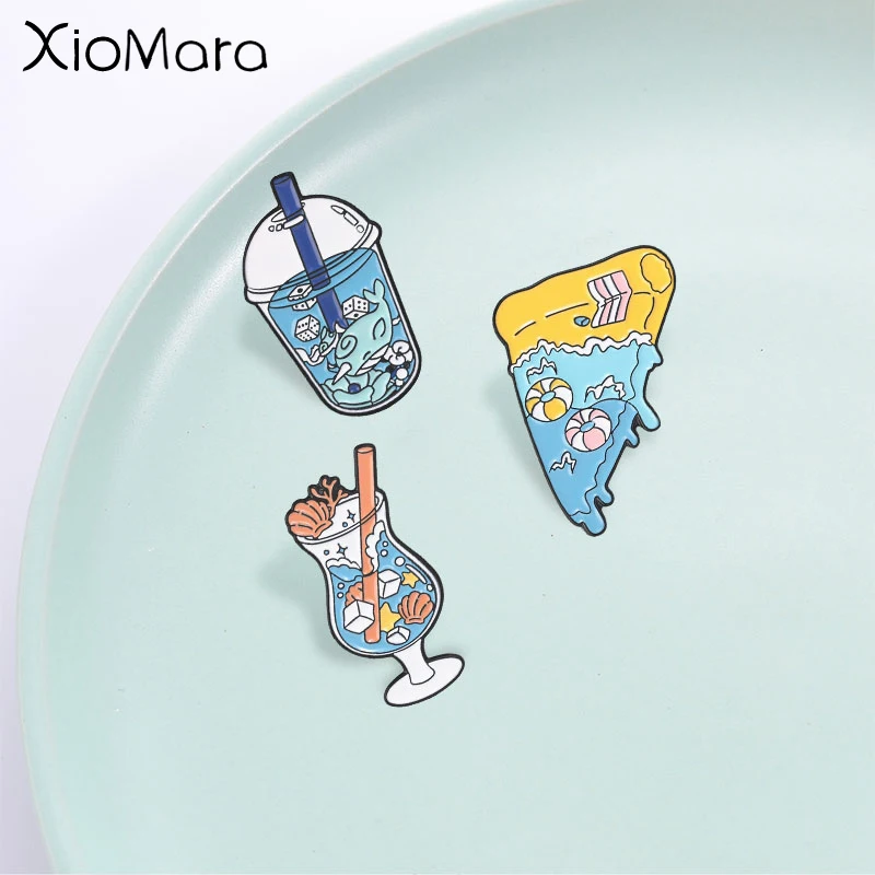 Summer Ocean Enamel Pin,Cocktail Glass,Wave Pizza Slice & Ocean Milk Tea Cup,Beach Vacation Cartoon Badge,Fun Gift for Friends