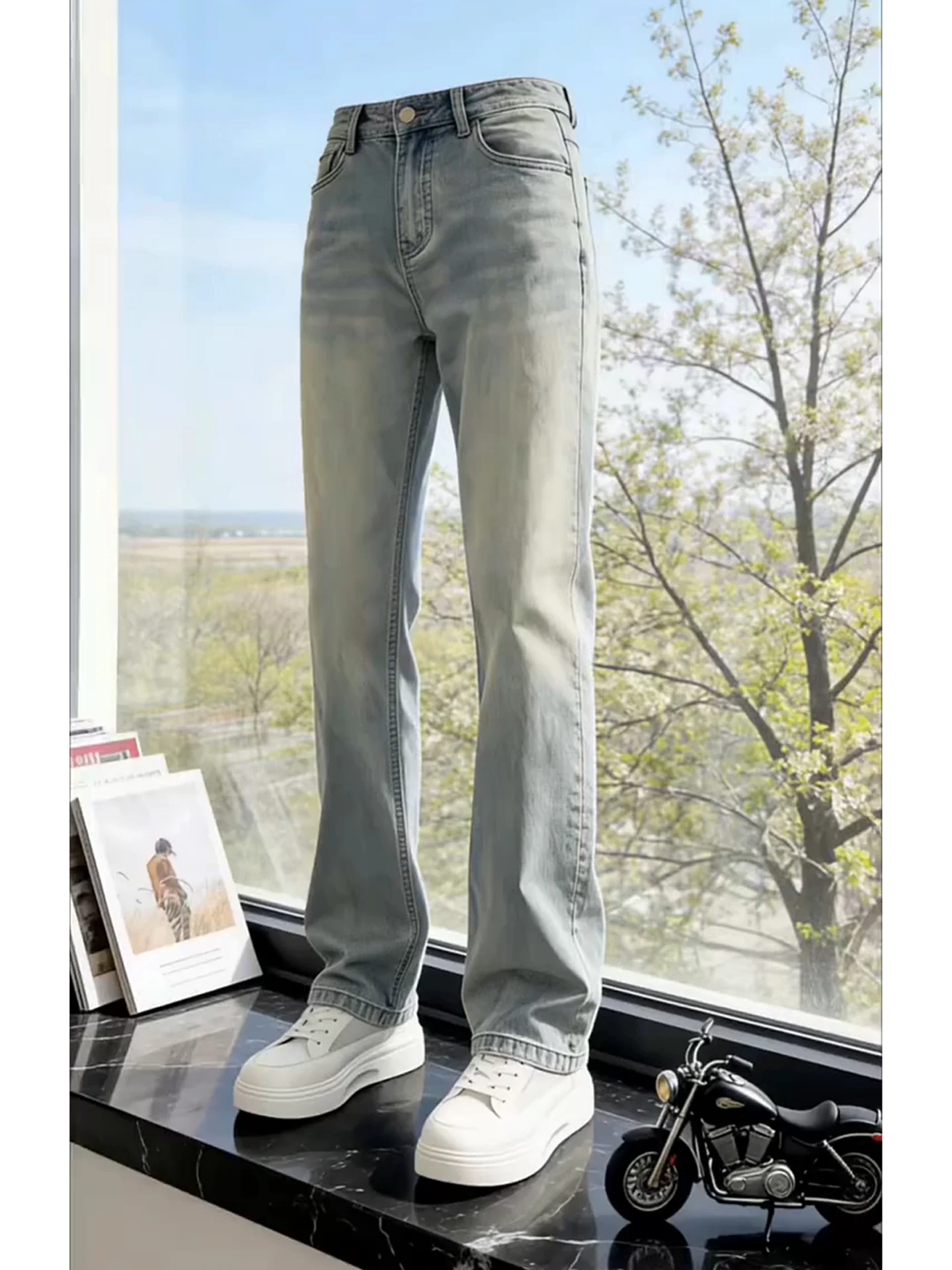 Retro Washed Slim Fit Men's Jeans American Vibe Knife  Flared Pants Slimming High Waist Straight Leg Trousers