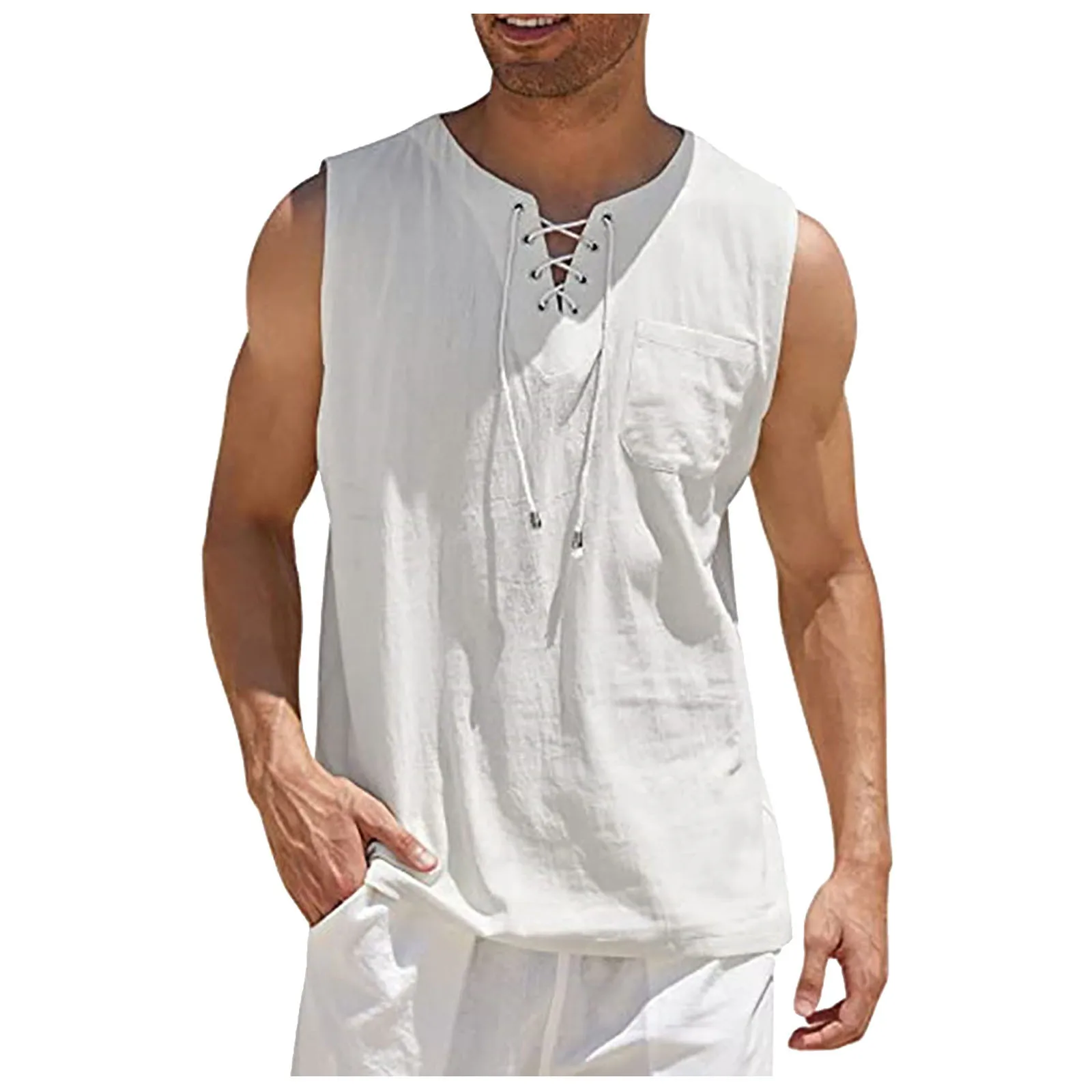 

Cotton Linen Shirts Summer Men's Casual Sleeveless Tops Lace Up V-neck Tank Tops Loose Solid Color Breathable Vest Drawstring